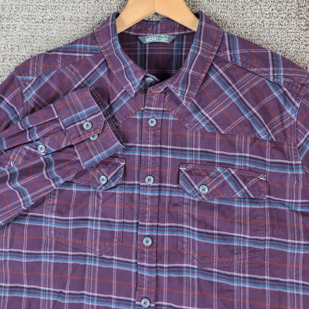 Stio Mens Junction Midweight XL Plaid Western‎ Flannel Shirt Purple Long Sleeve